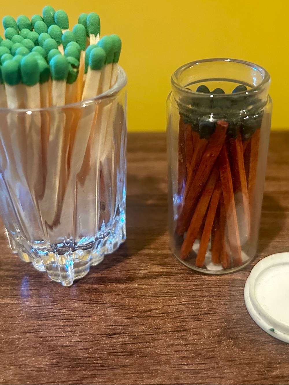 Vintage glass striker matches holders w Green & black tips